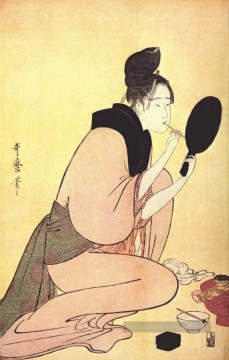 Courge appliquant LIP rouge Kitagawa Utamaro ukiyo e Bijin GA Peinture à l'huile